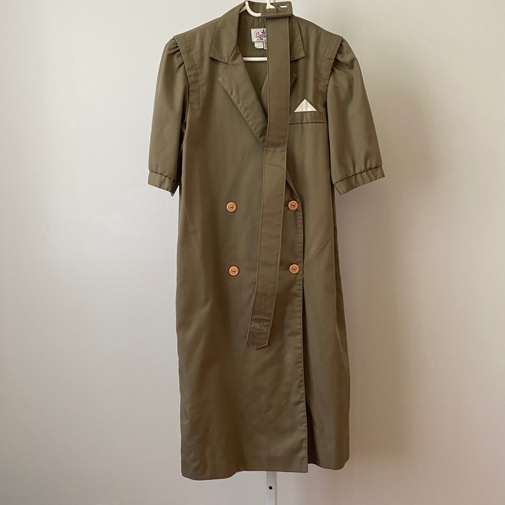 VTG Caron Chicago 6 Green Trench Dress Belted military dark‎ academia Utility
